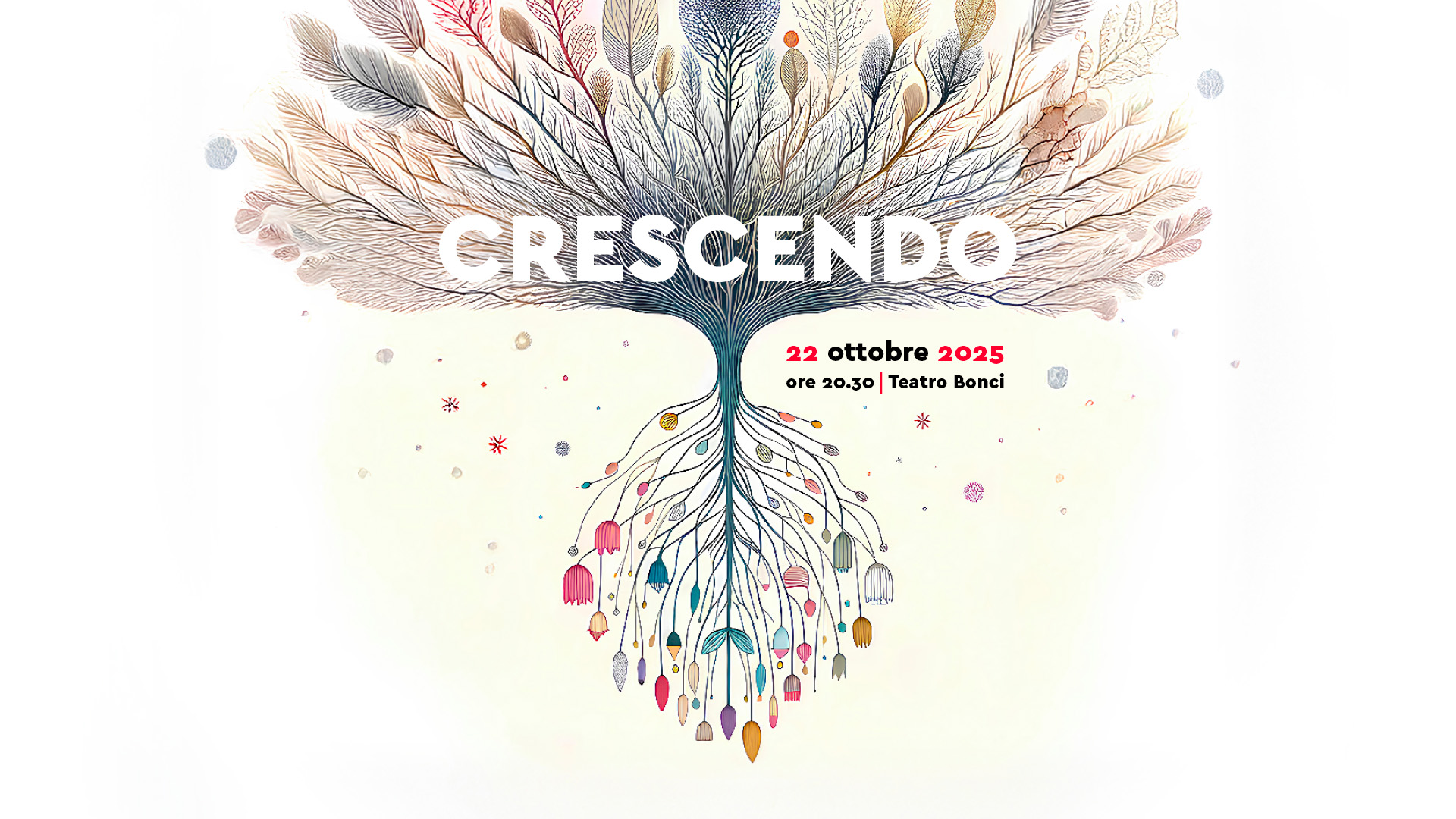Visual dell'edizione 2025 di TEDx Cesena. Il titolo dell'edizione è Crescendo e il visual è un albero che si sviluppa sia nella chioma che nelle radici. L'evento è il 20 ottobre 2025 e si terrà dalle 20:30 al Teatro Bonci di Cesena.